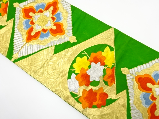 JAPANESE KIMONO / ANTIQUE FUKURO OBI / SILK / WOVEN MAPLE & FLORAL CREST